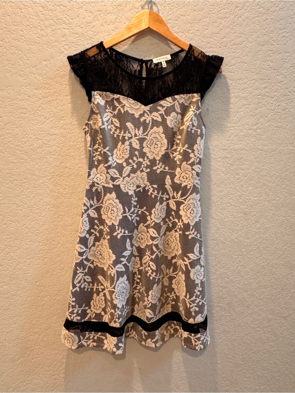 Monteau Cream Floral Lace Mini Dress with Black Lace Yoke